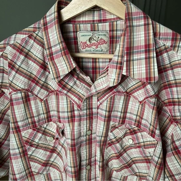 Wrangler Mens Short Sleeve Snap Close Red/white/orange/silver Plaid Shirt Sz XL - Picture 5 of 16